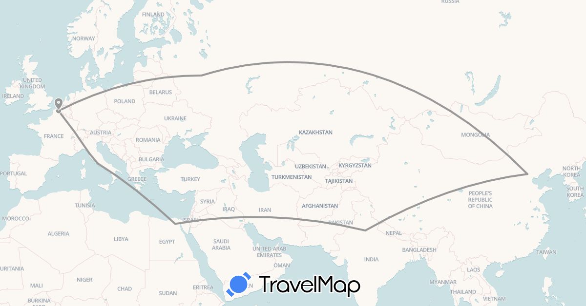 TravelMap itinerary: plane in China, Egypt, France, India, Italy, Russia (Africa, Asia, Europe)